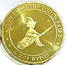 BRADOC Hada de los Dientes moneda metálica dorada para debajo de la almohada 4 cm BRUJA