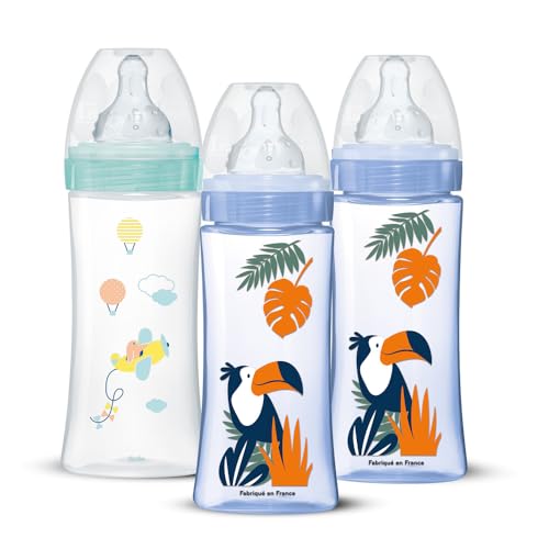 DODIE butelki antykolkowe 330 ml 3 szt. niebiesko-zielone – zestaw 3 butelek dla niemowląt z nadrukiem