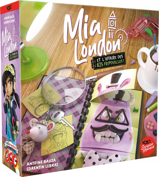 SCORPION MASQUE gra planszowa dla 4 osób MIA LONDON wersja francuska, pudełko gry detektywistycznej