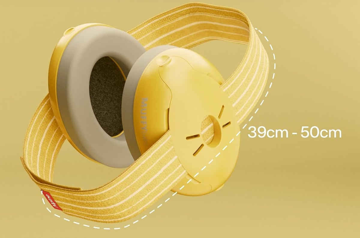 ALPINE Muffy Baby słuchawki ochronne dla dzieci 0-36 m 23db – żółto-szary wymiary jednej słuchawki 6,6 x 8,5 cm – zdjęcie 2