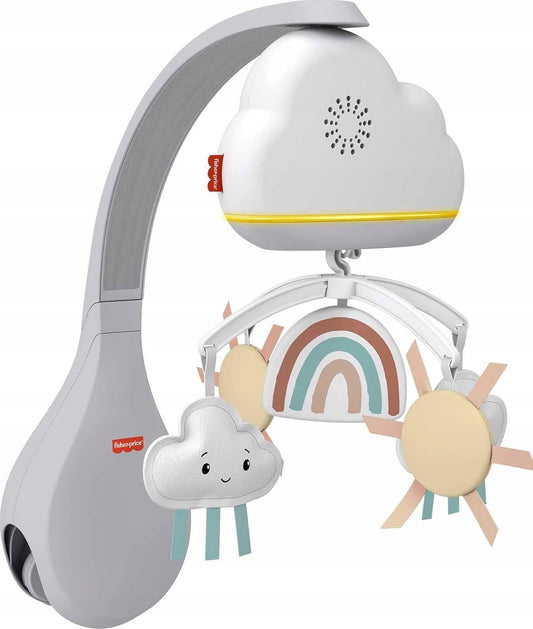 FISHER PRICE 2w1 karuzela z czujnikiem hałasu, lampka nocna na stolik – szaro-biała chmurka