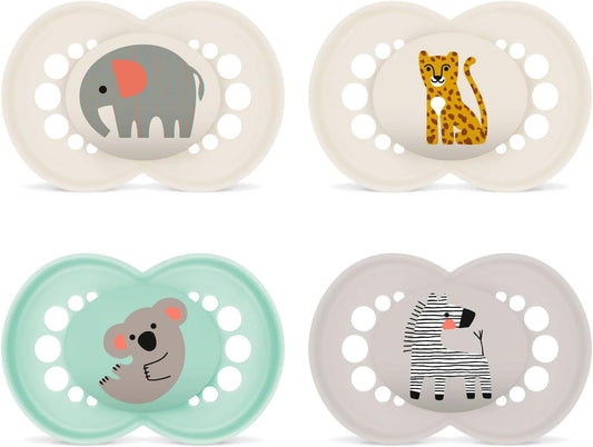 MAM Original smoczek uspokajający silikonowy x4 16m+ z motywami safari: słoń, lampart, koala i zebra