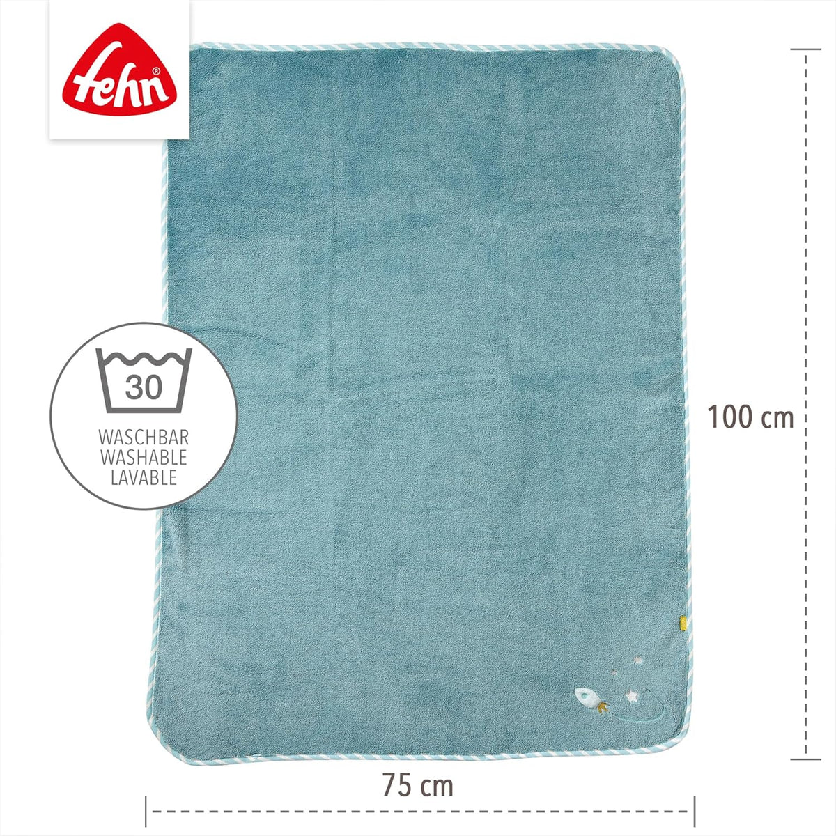 FEHN Mały Zamek koc dla niemowląt 75x100 cm z grzechotką, miękki niebieski kocyk dziecięcy Fehn