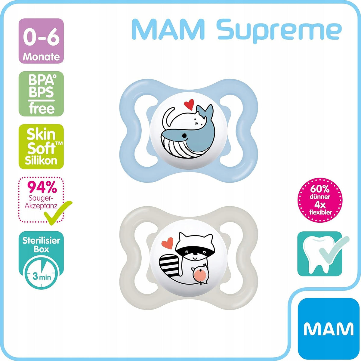 MAM SUPREME smoczek silikonowy 0-6msc x2, BPA/BPS free, SkinSoft silikon dla niemowląt