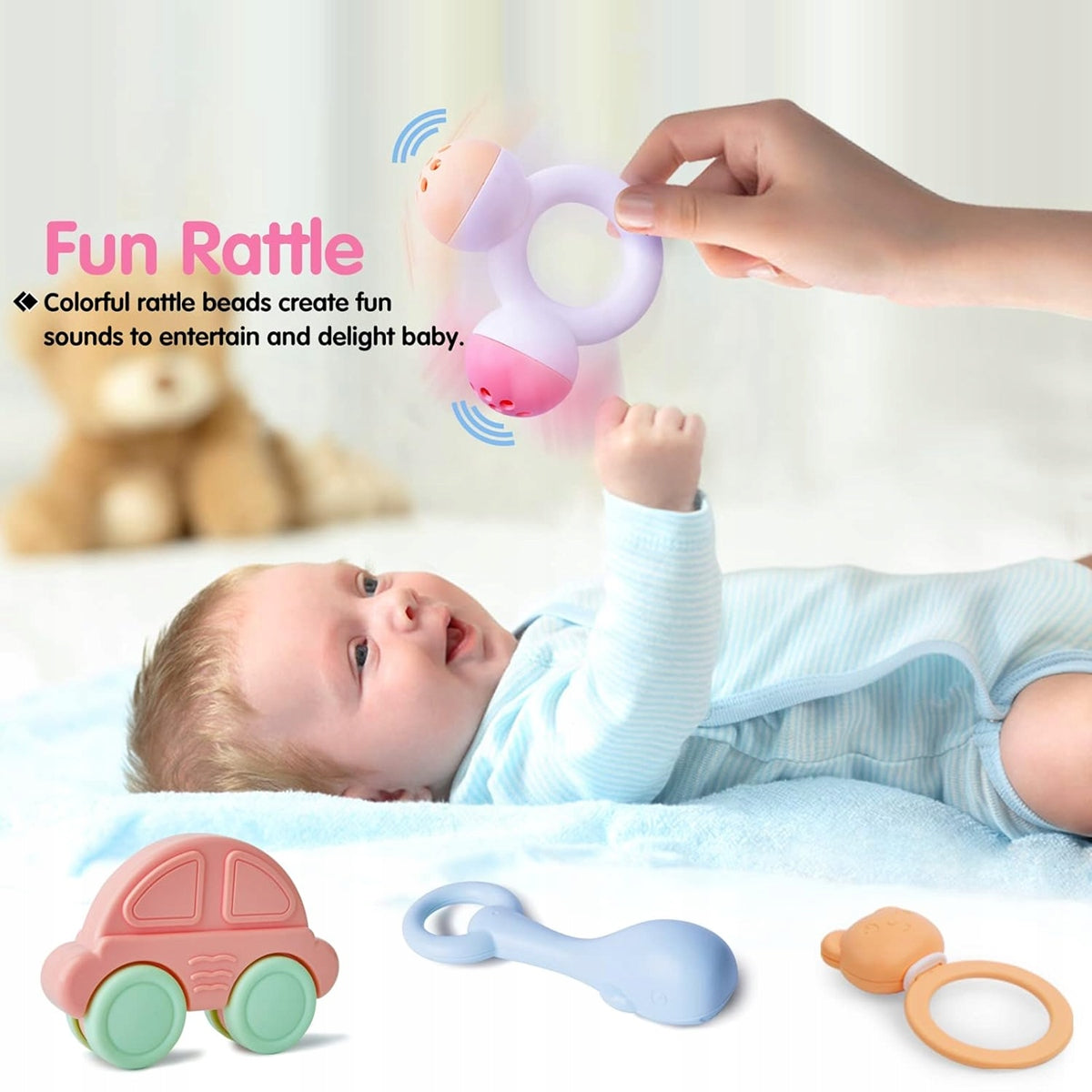 TOYABI Baby Rattles zestaw grzechotek 10 sztuk + pudełko do przechowywania – zdjęcie produktu 3