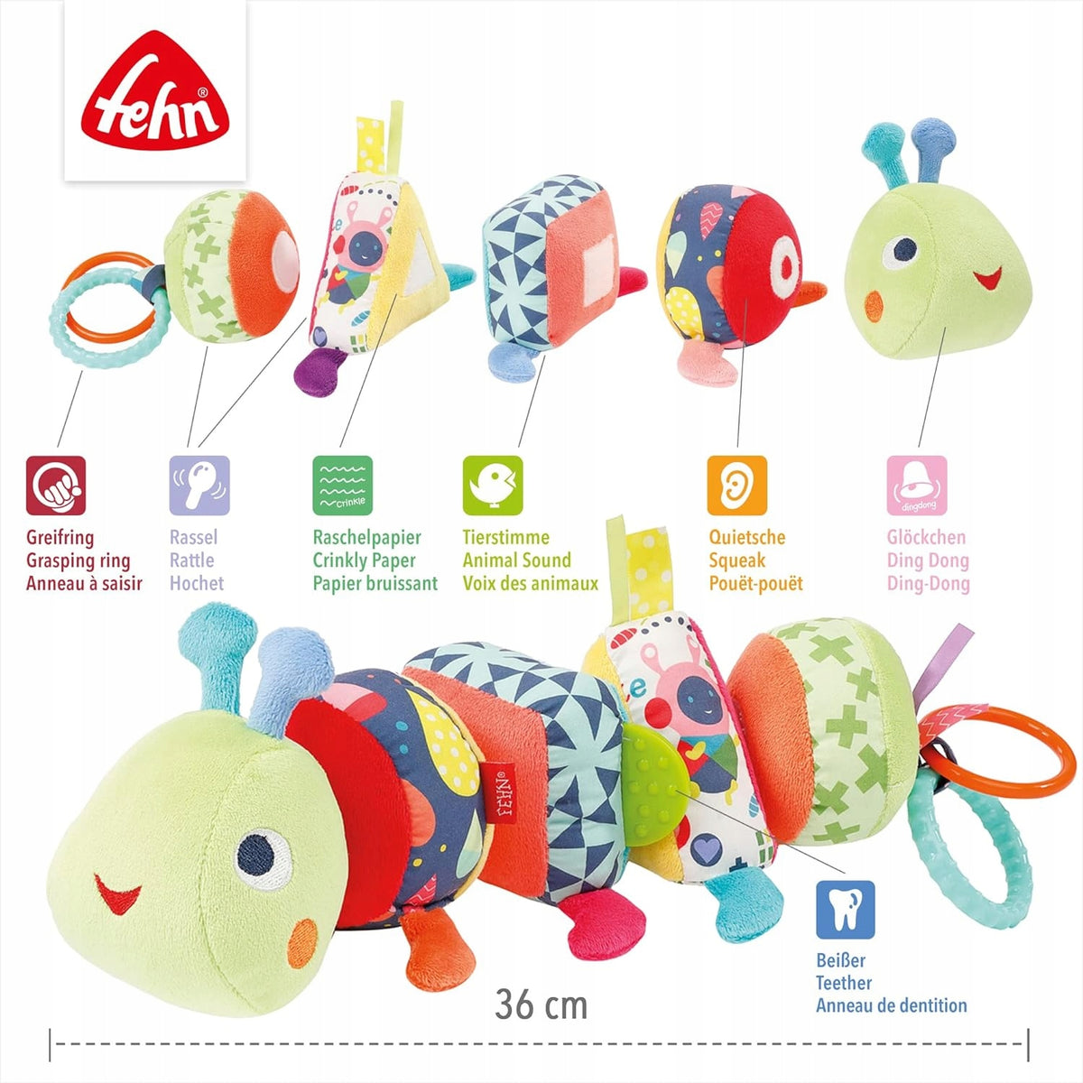 FEHN Color Friends gąsienica puzzle na rzep SENSORYCZNA 36cm, grzechotka i zabawka edukacyjna 0+