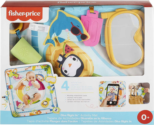 FISHER PRICE mata edukacyjna dla niemowląt 0+, duży koc do zabawy z motywem basenu i zabawkami