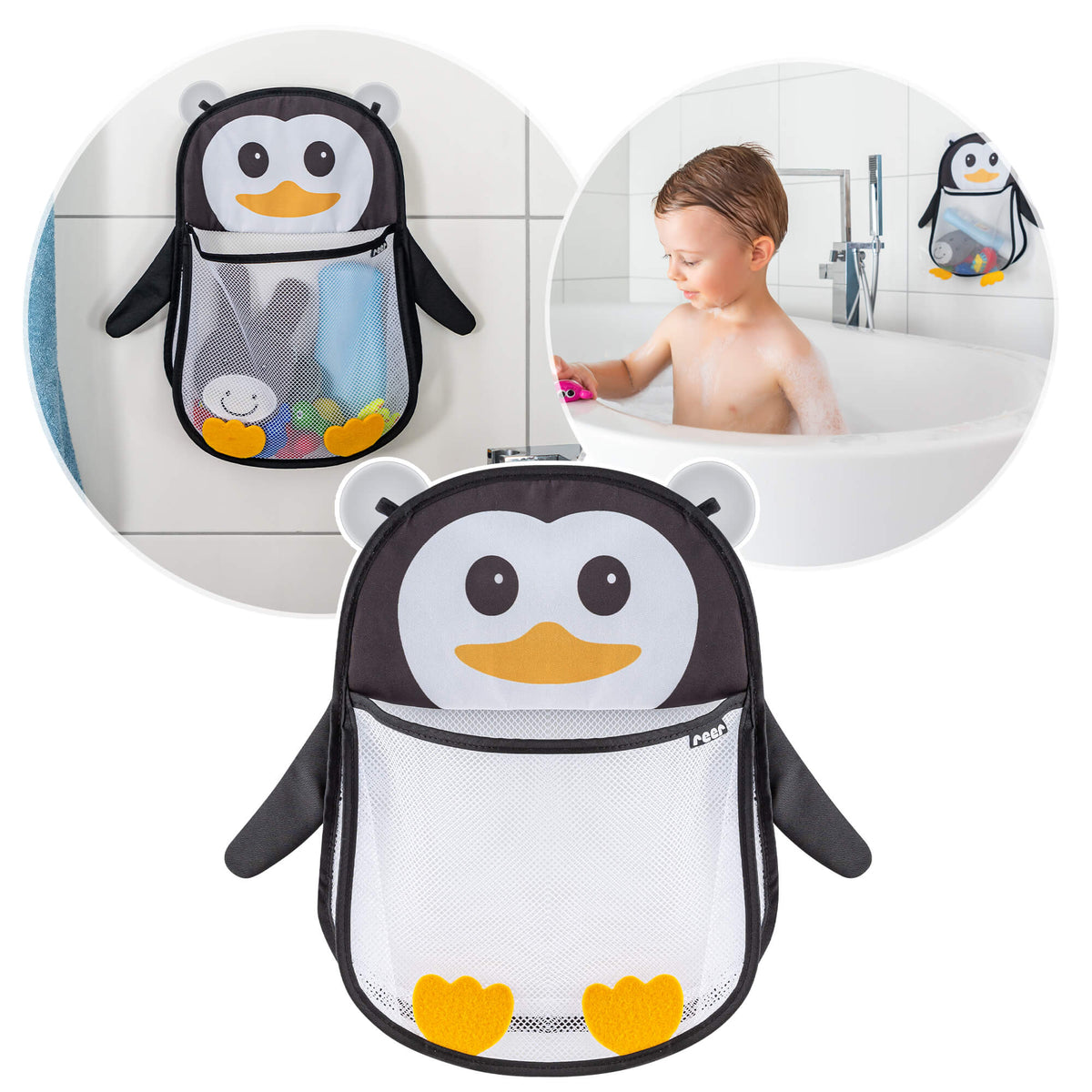REER MyHappyPingu siatka organizer do kąpieli na przyssawki PINGWIN – czarno-biały szerokość 26,5 cm, długość 35,5 cm…