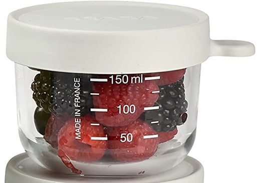 BEABA szklany pojemnik słoiczek 150 ml do przechowywania żywności, szklany słoiczek z miarką