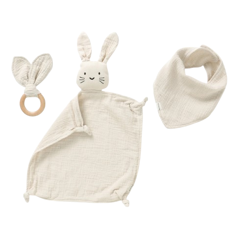 NUDU BABY bawełniany komforter przytulanka + gryzak i śliniak KRÓLIK 28 cm