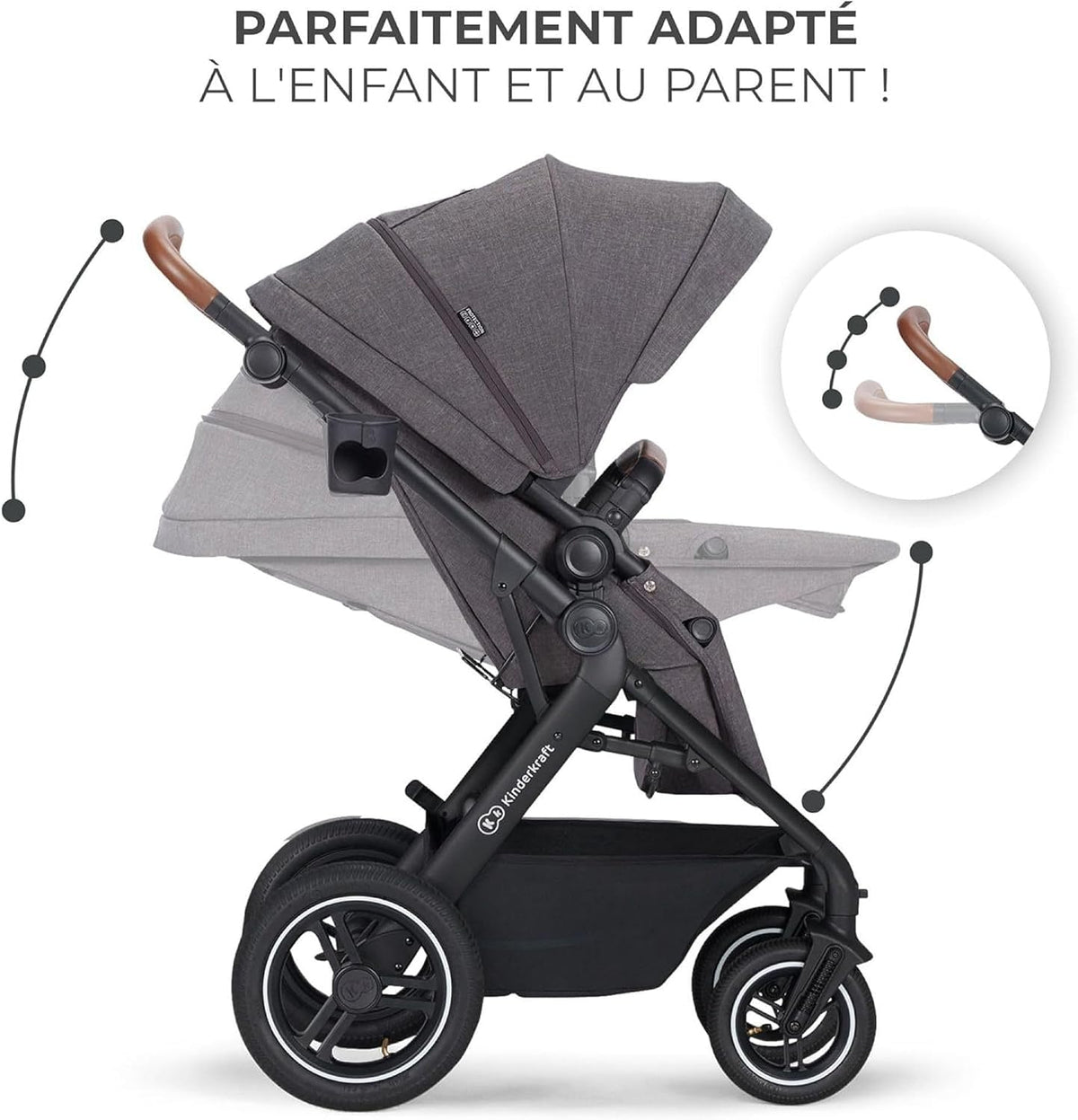 KINDERKRAFT B-TOUR 3w1 wózek wielofunkcyjny do 22kg + fotelik MINK PRO – DARK GREY – zdjęcie 4