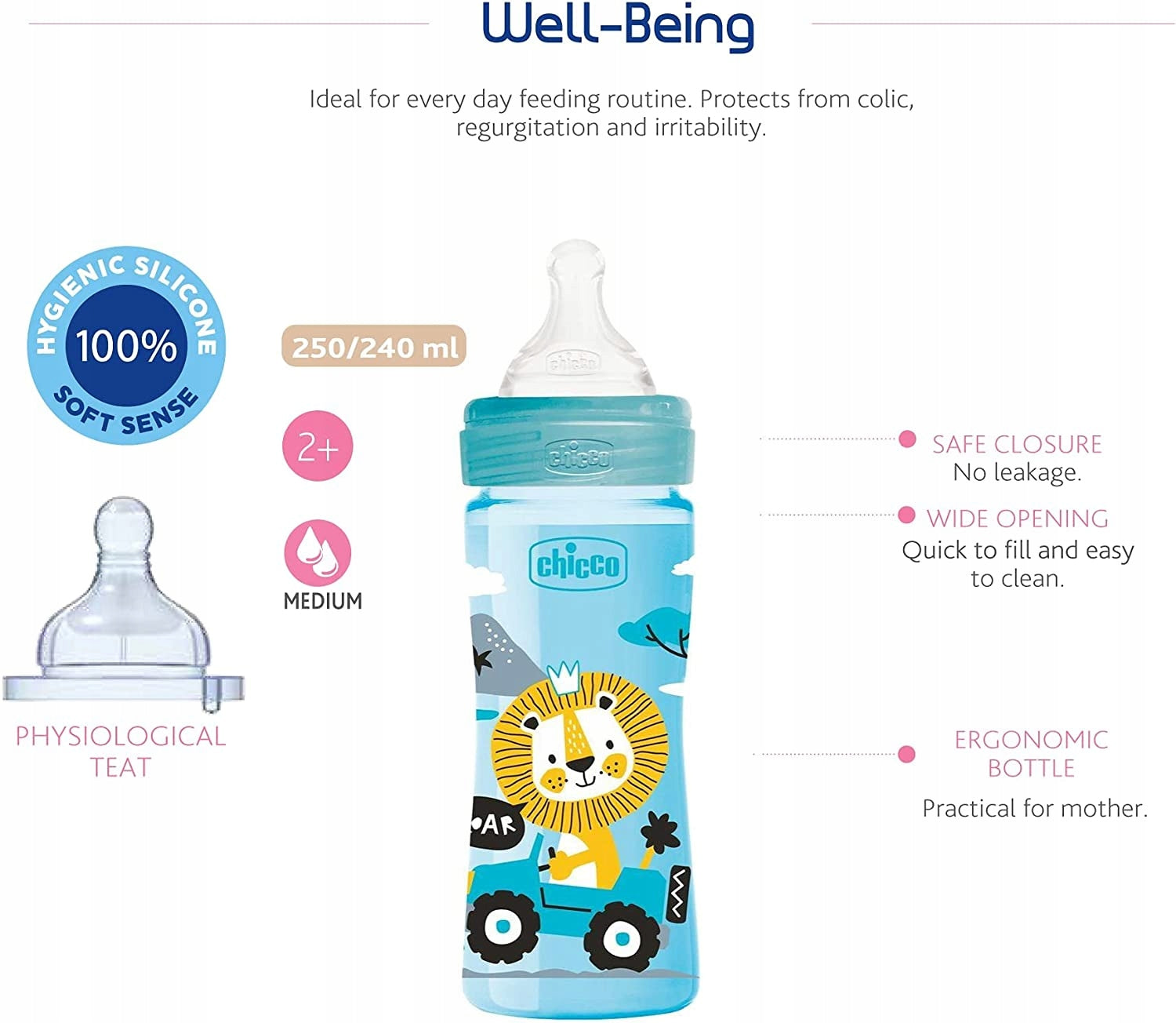 CHICCO Well-Being Fläschchen 250 ml 2m+ mittlerer Durchfluss – Produktbild 3