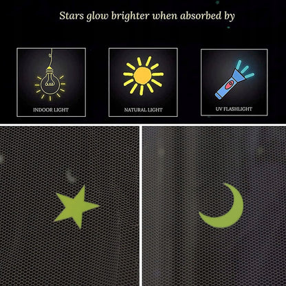 GLOW BED moskitiera do łóżeczka, baldachimu z fluorescencyjnymi gwiazdkami – zdjęcie produktu 3