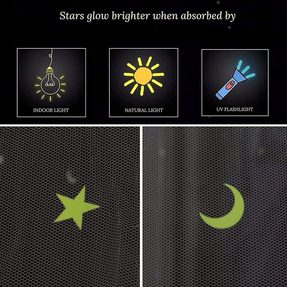 GLOW BED moskitiera do łóżeczka, baldachimu z fluorescencyjnymi gwiazdkami. Biała, świecące gwiazdy i księżyc