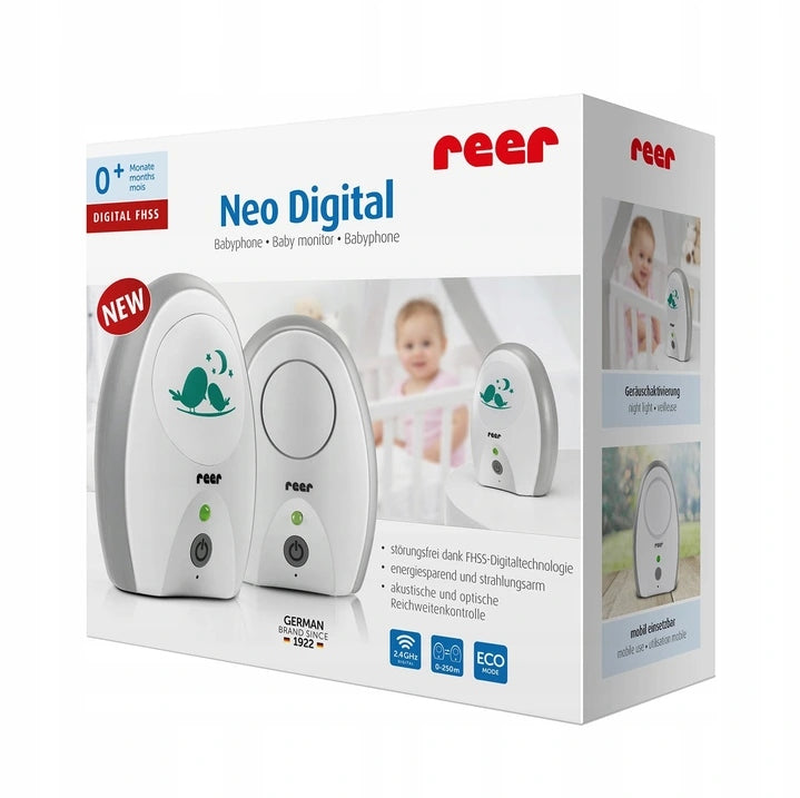 REER Neo Digital cyfrowa niania elektroniczna, biało-szary zestaw baby monitor z ECO mode i USB