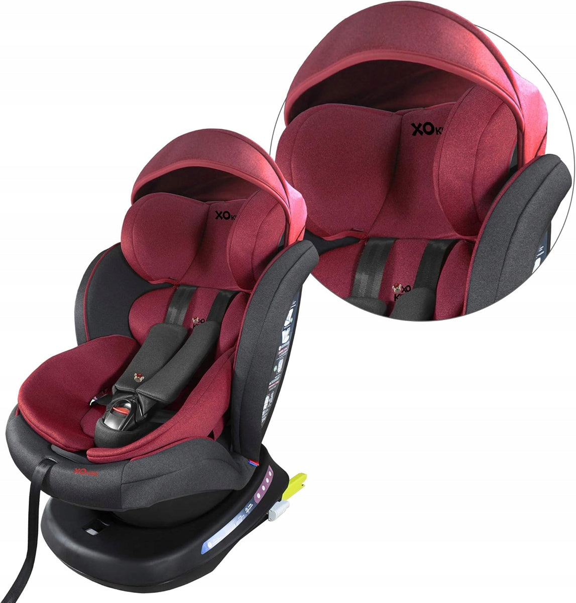 XOMAX S64 fotelik samochodowy obrót 360 gr 0/1/2/3 ISOFIX, bordowy, montaż tyłem i przodem