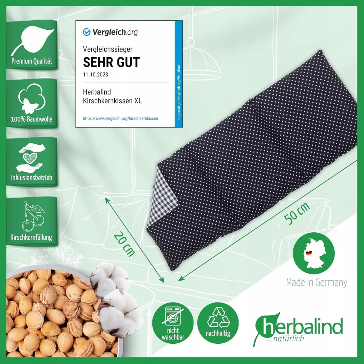 HERBALIND cojín térmico con huesos de cereza XL 900g 50x20cm