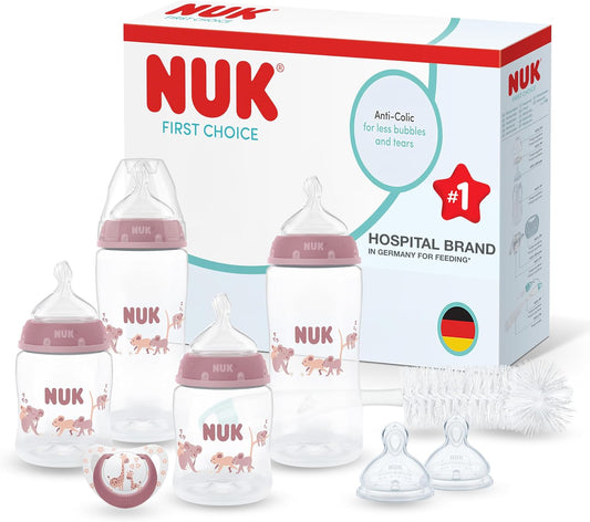 NUK First Choice Perfect Start zestaw butelek 0-6m 8 elementów, antykolkowe butelki i akcesoria