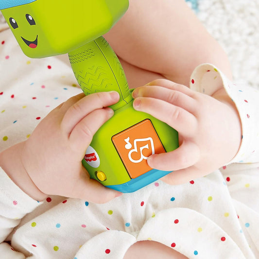 FISHER-PRICE interaktywny hantel grzechotka dźwięki światło J. NIEMIECKI dla niemowląt, zielony