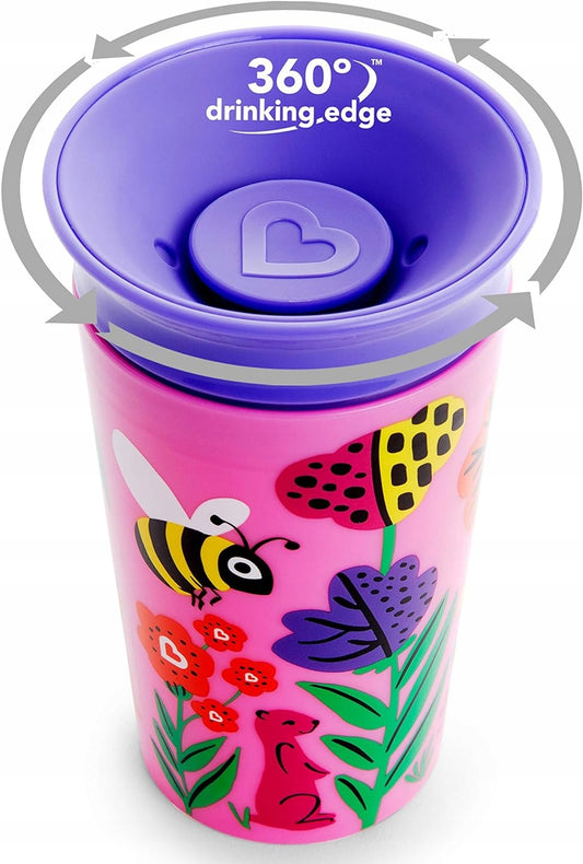 MUNCHKIN WildLove KUBEK NIEKAPEK ustnik 360° PSZCZOŁA 1 sztuka, różowo-fioletowy kubek 266 ml