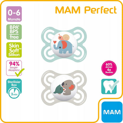 MAM Perfect smoczek uspokajający x2 0-6msc+ box, silikonowy, BPA i BPS free, ortodontyczny