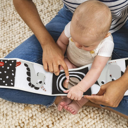 TINY LOVE dwustronna książeczka sensoryczna 0+ kontrast, czarno-biała książeczka sensoryczna dla niemowlęcia z 7 aktywnościami