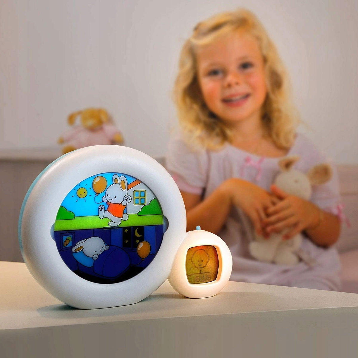 PABOBO Kid'Sleep Moon 3w1 budzik treningowy dla dzieci, zegar i lampka nocna biało-turkusowa
