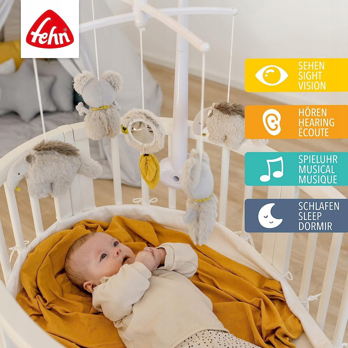FEHN Australia KARUZELA do łóżeczka z muzyką, pluszowymi zawieszkami i spokojnym ruchem dla dziecka 0-5 m