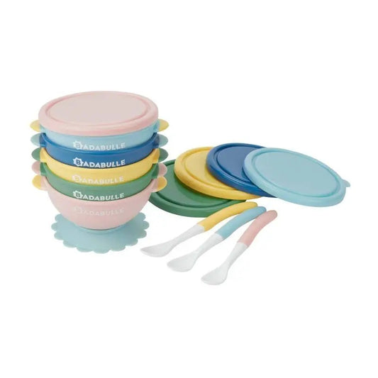 BADABULLE set kommetjes met zuignap en deksels x5 + lepels x3