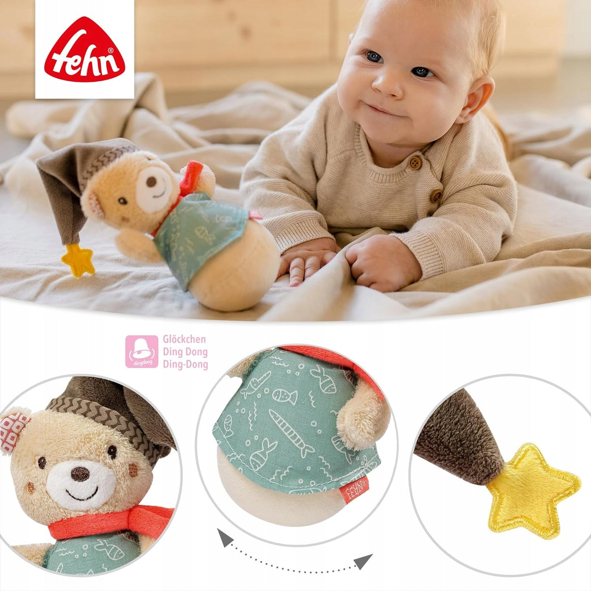 FEHN Miś Bruno wańka WSTAŃKA 14cm grzechotka – zdjęcie produktu 4