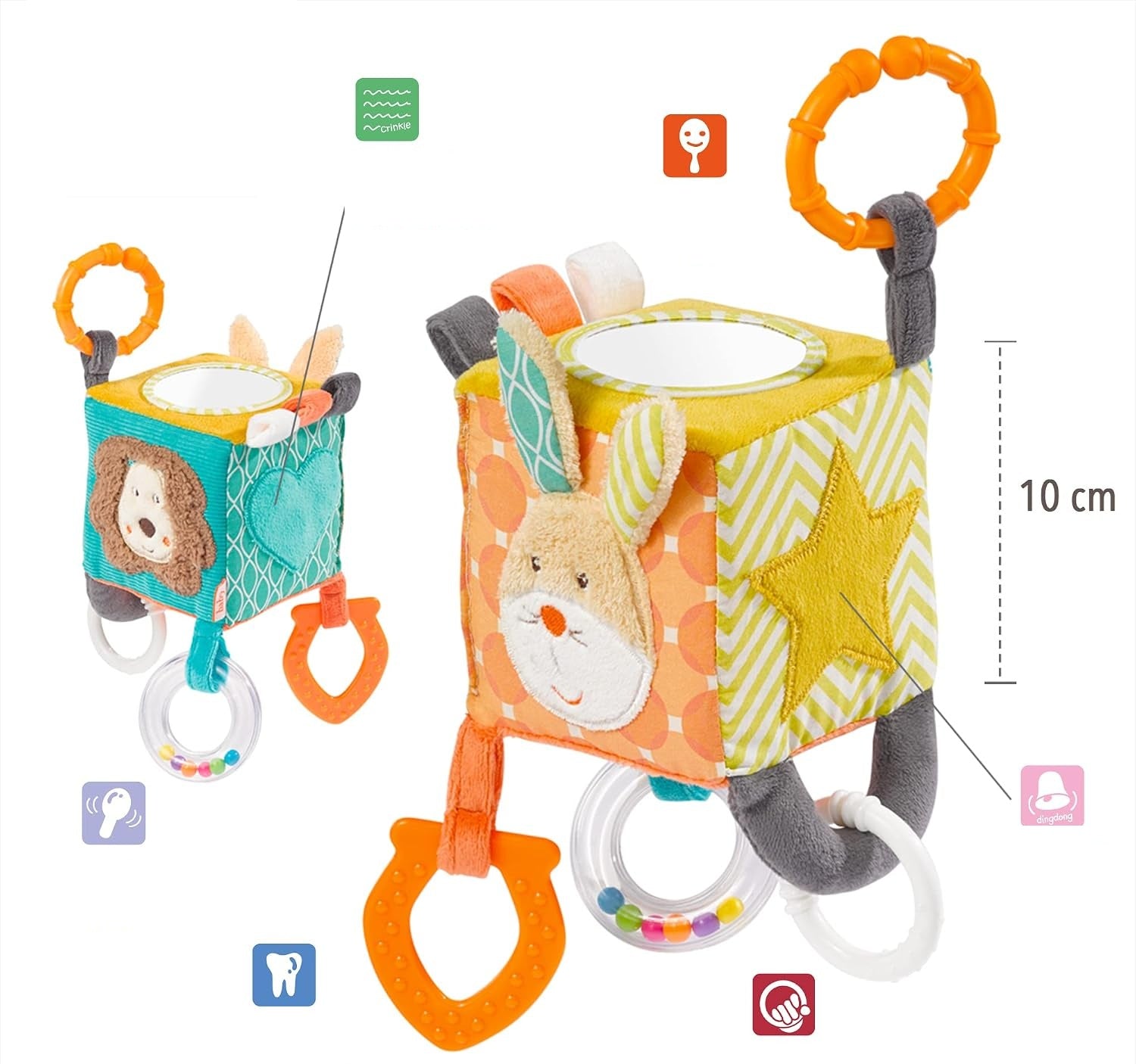 FEHN Activity Cube pluszowa zawieszka kostka z grzechotką 10 x 10 cm – zdjęcie 2