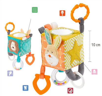 FEHN Activity Cube pluszowa zawieszka kostka z grzechotką 10 x 10 cm – nowy – zdjęcie 2