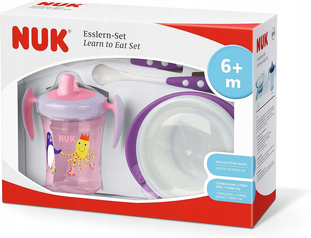 NUK zestaw do nauki jedzenia 6 m+ kubek niekapek miska 2 łyżeczki, zestaw Learn to Eat
