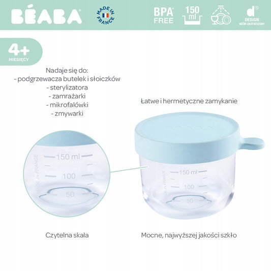 BEABA szklany pojemnik słoiczek 150 ml, BPA free, szczelne zamknięcie i czytelna skala do przechowywania żywności