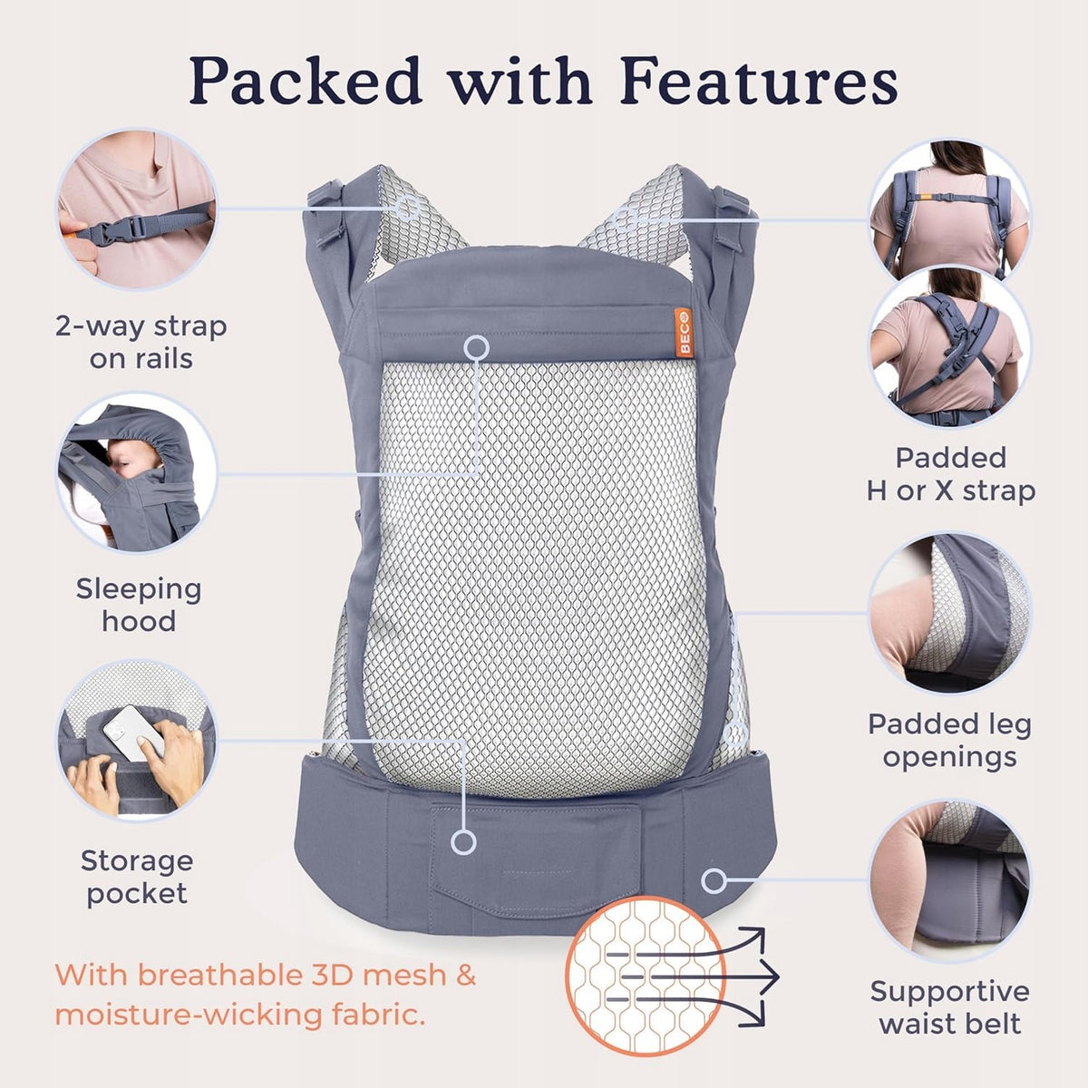 BECO TODDLER marsupio con fibbia 9-27kg mesh 3d