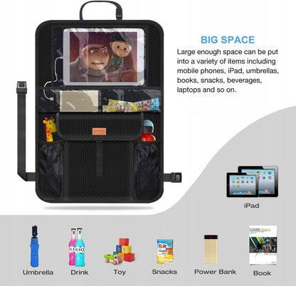 ORGANIZER na fotel samochodowy wodoodporny x2 czarny z kieszenią na iPad, 68x46 cm, Oxford 600D