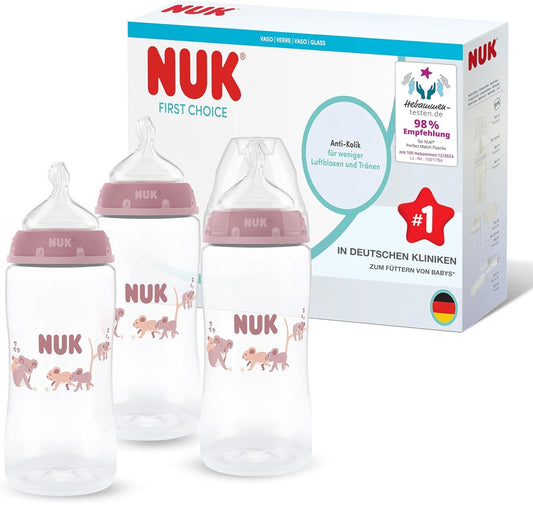 NUK First Choice zestaw 3x butelka 300 ml smoczek M 3 m+ KOALA, antykolkowe butelki z różowym nadrukiem