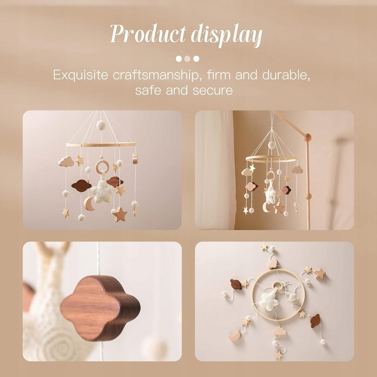 SWECOMZE karuzela do łóżeczka drewno tkanina BOHO – zdjęcie produktu 4