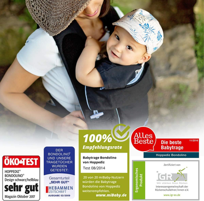 HOPPEDIZ Bondolino Plus nosidełko ergonomiczne, czarne, dla dziecka, z certyfikatami i regulacją siedziska