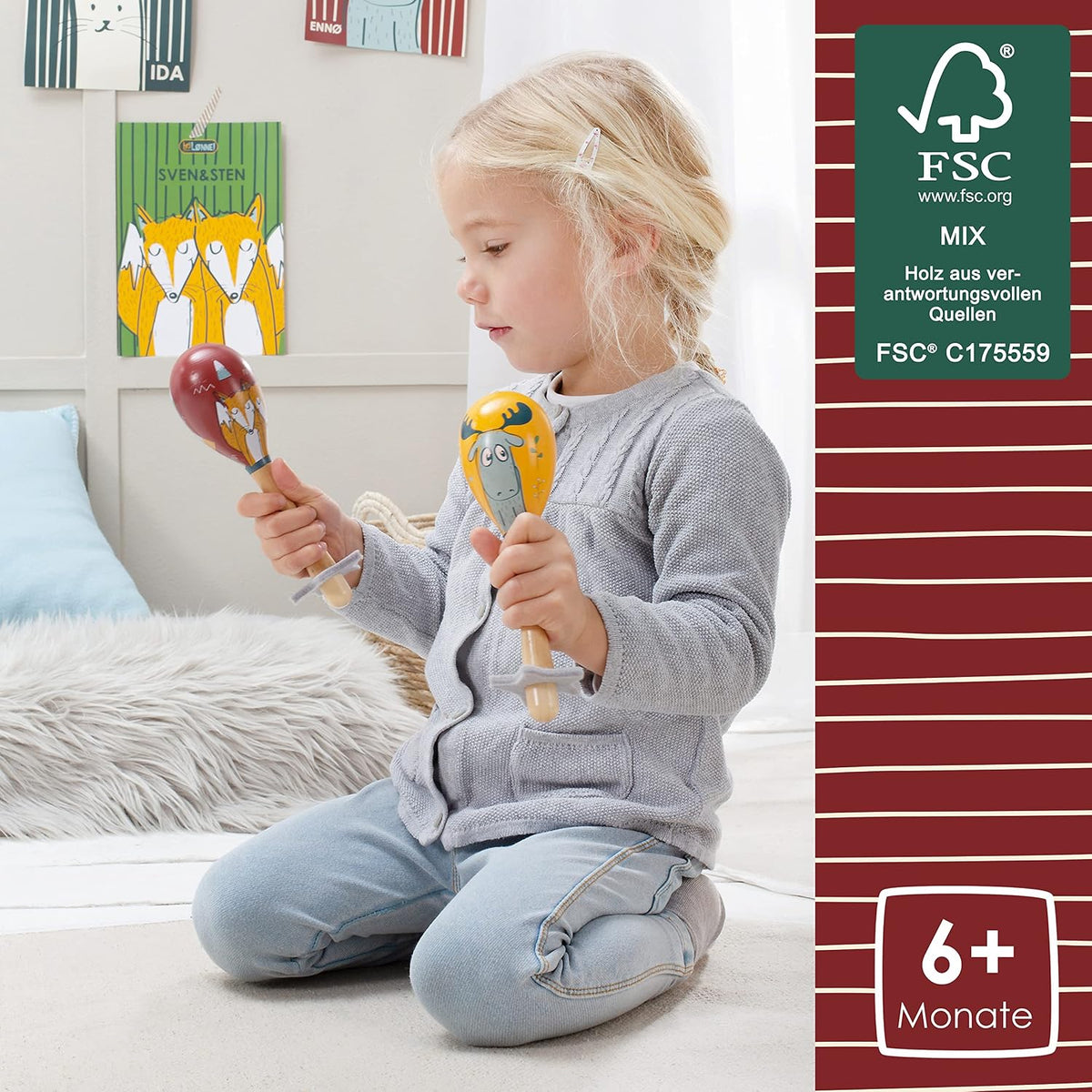 HEJ LØNNE drewniane marakasy grzechotki 2 szt. dla niemowląt, drewniane instrumenty muzyczne FSC 6+ miesięcy