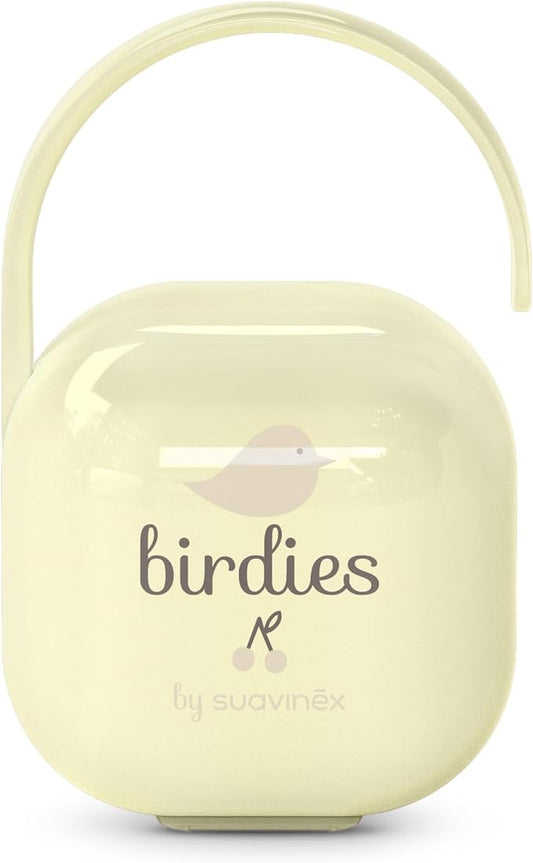 SUAVINEX Birdies etui na 2 smoczki, żółte, z uchwytem do torby lub wózka, chroniące smoczki przed zabrudzeniem