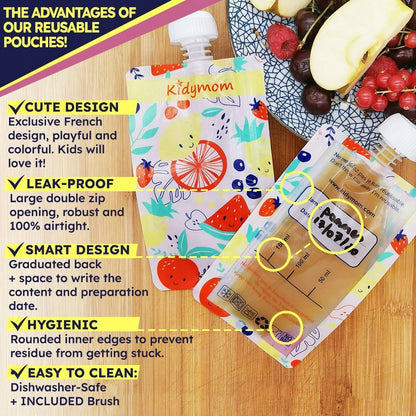 KIDYMOM saszetki wielokrotnego użytku na mus x10 + akcesoria: szczelne, kolorowe saszetki do musu z akcesoriami