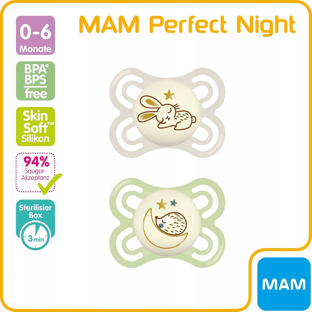 MAM Perfect Night smoczek uspokajający x2 0-6msc + box, ortodontyczny, świecący w ciemności, BPA/BPS free