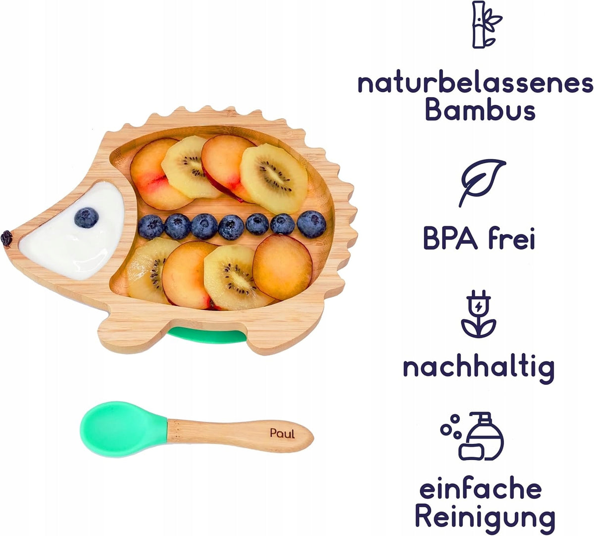 KLEINER FUCHS bambusowy talerz z przyssawką w kształcie jeża + łyżeczka, BPA free