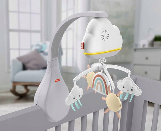 FISHER PRICE 2w1 karuzela z czujnikiem hałasu, lampka nocna na stolik do łóżeczka dla niemowląt