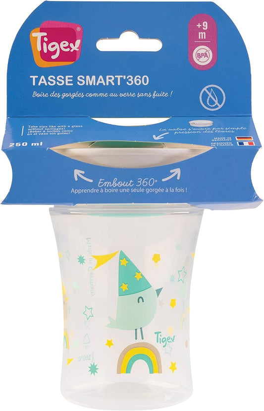 TIGEX Smart Cup kubek niekapek ustnik 360° 250 ml 9 m+ PTASZEK – przezroczysto-biało-turkusowy – zdjęcie 2