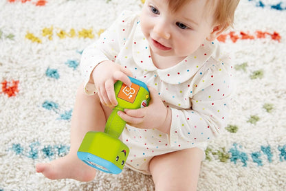 FISHER-PRICE interaktywny hantel grzechotka dźwięki światło J. NIEMIECKI, zielona zabawka dla niemowląt