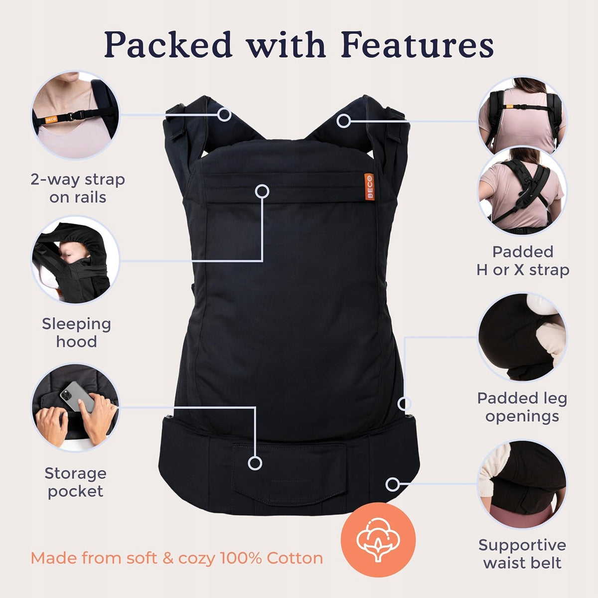 BECO TODDLER nosidełko klamrowe 9-27kg, bawełniane nosidło z 2-way strap, budką i kieszenią