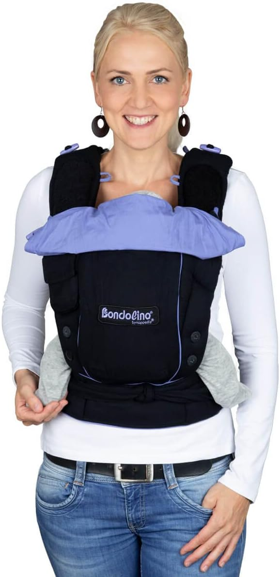 HOPPEDIZ Bondolino Plus nosidełko ergonomiczne granatowo-fioletowe, wiązane nosidło miękkie z kapturem i kieszonką