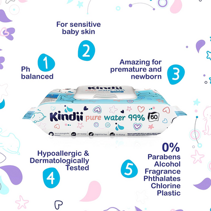 KINDII Pure Water 99 chusteczki nawilżane wodą x60 – zdjęcie produktu 2